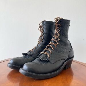 Nick’s Handmade Black Leather Lacer Kiltie Cowboy Boots | US 11.5